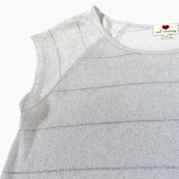 One Clothing Sheer Metallic Top SzM/L Silver Shimmer Stripe Short Sleeve 90s Y2K - Picture 3 of 6